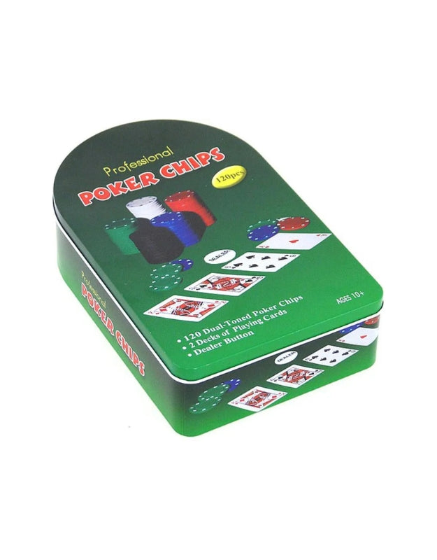 A clean product shot of the professional 120-piece poker chips set in its closed green tin case